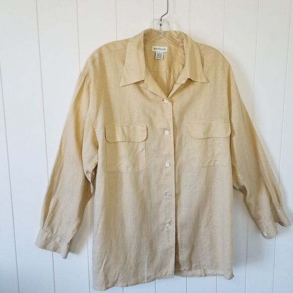Ann Taylor 100% Linen Shirt Womens Size Medium Tan Long Sleeve - Picture 2 of 7